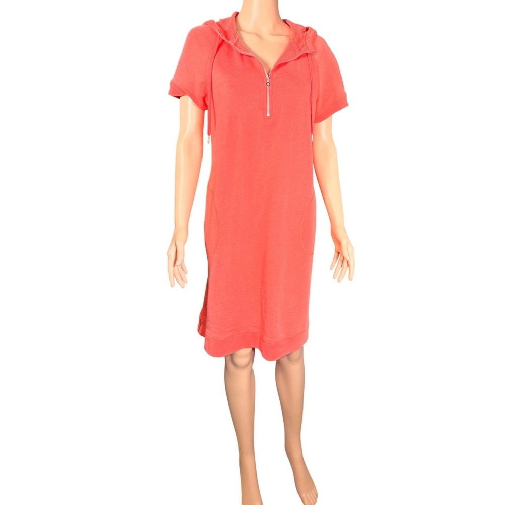 Soft Surroundings Womens Coral‎ Orange Hooded Half Zip French Terry Dress Medium